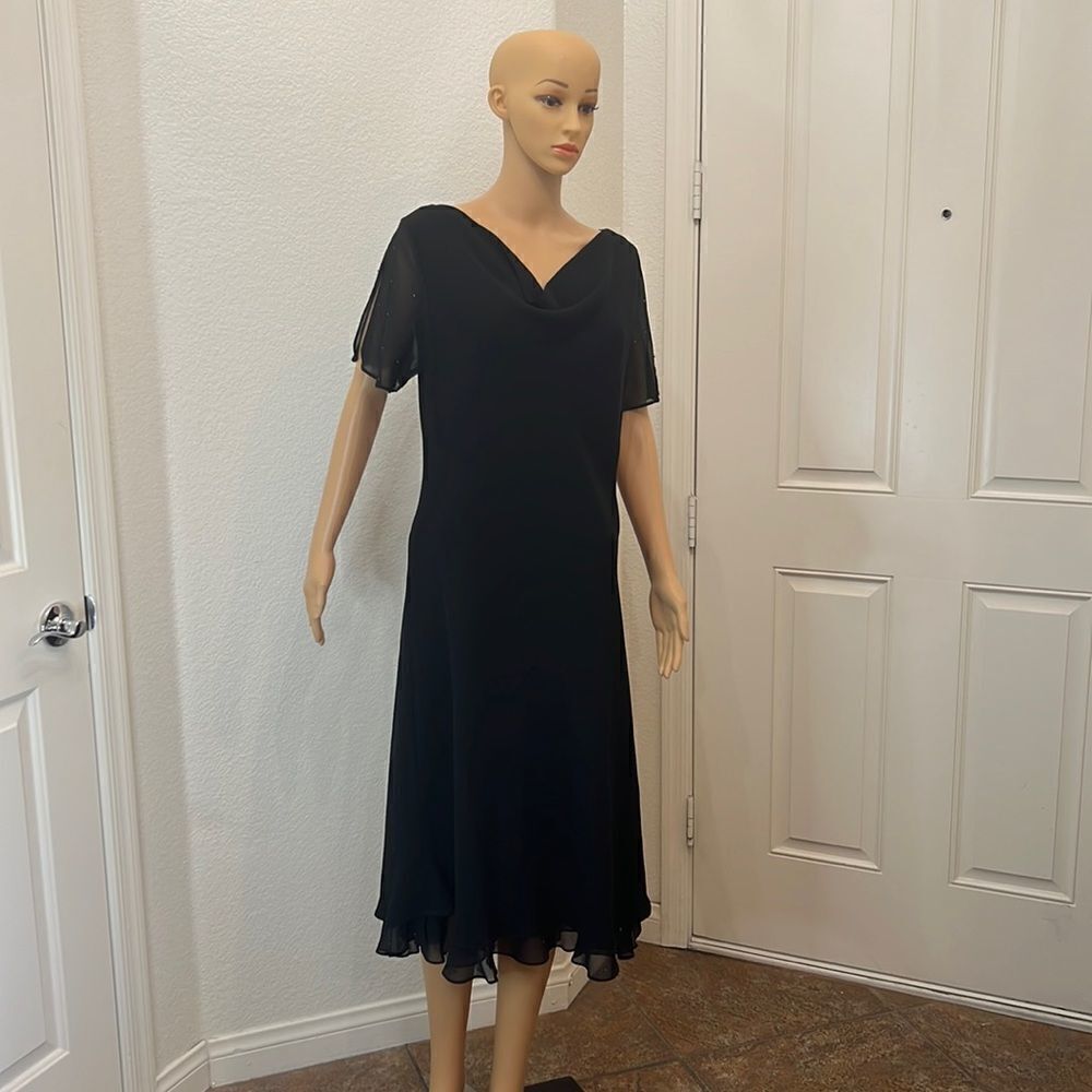 Amanda Smith Dresses Black Size 12 Cowl Neck Beaded Slit Sleeve Accents Midi